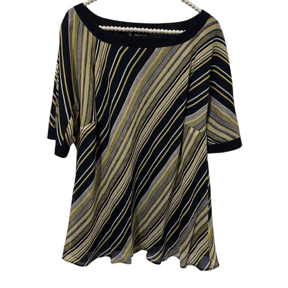Anne Klein Silk Top Womens Plus Size 1x Multicolor Striped Blouse Mature Office